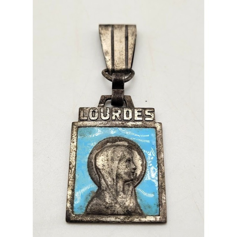 Antique Virgin Mary Lourdes Religious Enamel Pendant French Medal Paris Estate